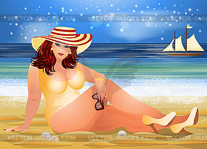 Plus size sexual woman on the beach, summer time card,  - vector clipart