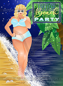 Big beach party invitation card. Plus size pretty woman - vector clip art