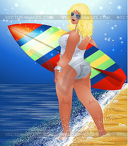 Plus size sexy woman with surfboards on the beach - vector clipart