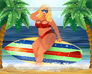 Plus size blonde woman with surfboard, summer time vip  - vector clip art