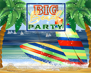 Big Beach Party VIP card with surfboards, palm tree and - vector image