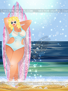 Plus size pretty woman with surfboard on the beach - vector clip art