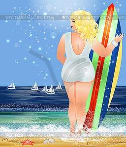 Plus size woman  with surfboard on the beach, summer  - vector image