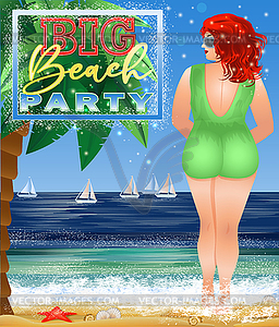 Большая поздравительная открытка для пляжной вечеринки. Плюс размер симпатичной женщины  - клипарт в формате EPS