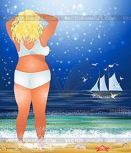 Plus size blonde woman on the beach, summer time backg - vector image