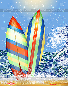 Summer tropical card with surfboards on the beach  - vector image