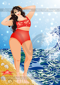 Plus size pretty girl on the beach, summer time card,  - vector EPS clipart
