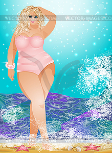 Plus size blonde girl on the beach, summer time  - vector clip art