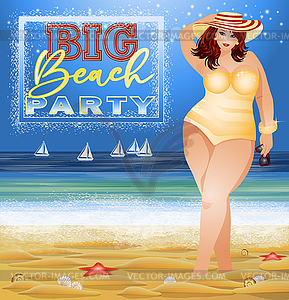 Big beach party vip card. Plus size sexy woman - vector image