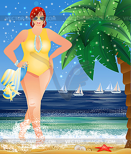 Plus size XXL woman on the beach, summer time backgroun - vector clipart