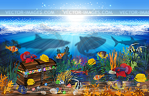 Underwater wallpaper with treasure chest box. vector - vector clip art