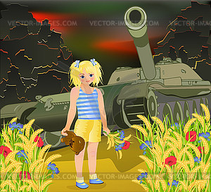 Stop War card, little girl  with teddy bear stops tank - vector image