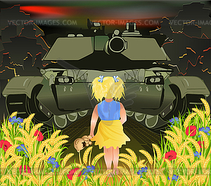 Stop War, little girl with teddy bear stops a military  - vector image