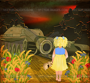 No War card, little girl with teddy bear stops a tank - vector clip art