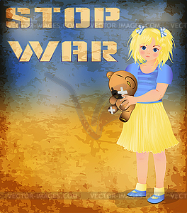 Stop War background, little Ukrainian girl with teddy  - vector image