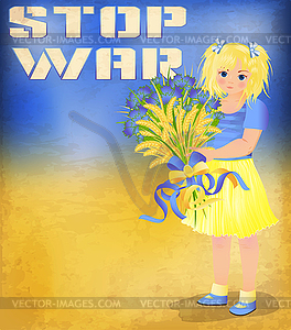 Stop War poster, little Ukrainian girl with flowers and - stock vector clipart