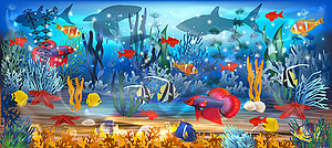 Underwater background with tropical fish and shark - vector clip art