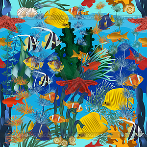 Seamless underwater background with star tropical fish. - vector image