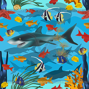 Seamless underwater background with shark and tropical  - vector clipart