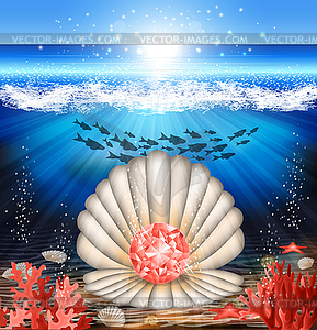 Подводная открытка с розовым бриллиантом и ракушкой. вектор  - векторный клипарт / векторное изображение