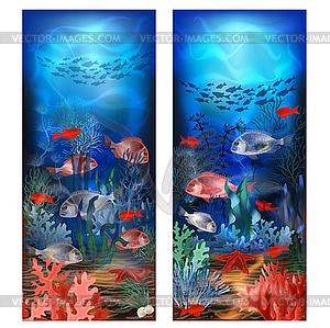 Underwater banners with coral reef and tropical fish - vector image
