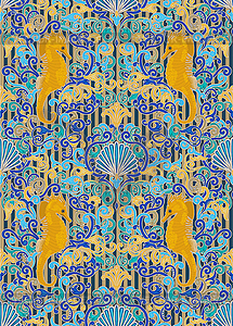 Seamless underwater pattern with seashell and seahorse, - vector image