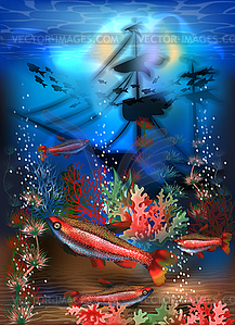 Underwater background with tropical fish sunken ship - vector image