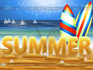 Летняя океанская открытка с доской для серфинга. векторная иллюстрация - векторное изображение клипарта