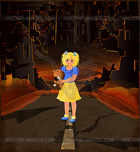 Stop War , little girl with teddy bear a ruined city - vector image