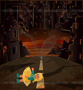 Stop War card, little baby doll in a ruined street.  - vector image