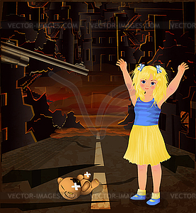 Stop War. Frightened girl with raised hands in front of - vector image