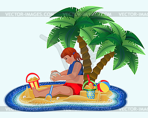 Summer time, tropical island with cute little girl - vector clipart