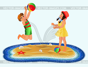 Summer time card, little girl and boy playing on the be - vector clipart