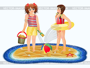 Summer time card, little girls on the beach , vector  - vector image