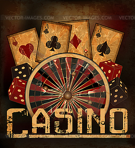 Vintage casino background with roulette and poker cards - vector clipart