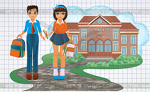 Back to school card, boy and girl in school uniform. - vector image