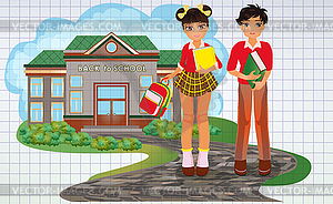 Back to school card, friends classmates boy and girl in - vector clipart