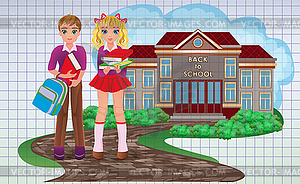 Back to school card, friend and girlfriend, boy and gir - vector image