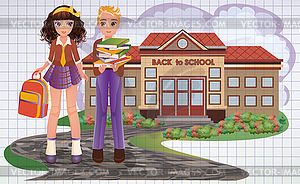 Back to school card, young friend and girlfriend,  - vector clipart