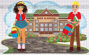 Back to school card, young boy and girl in school unifo - vector image