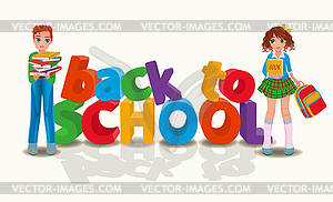 Back to school card, young boy and girl. vector illustr - royalty-free vector clipart