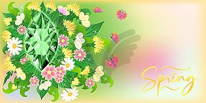 Season spring banner with emerald and flowers, vector i - vector image