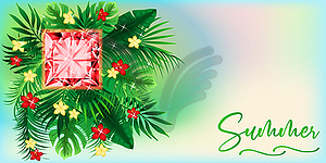 Season summer banner with ruby and tropical leaves flow - vector clipart