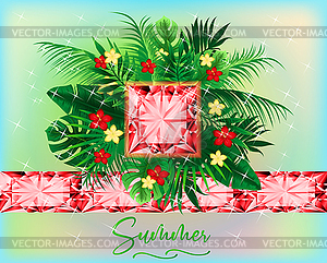 Season summer greeting card with ruby and tropical leav - vector clip art