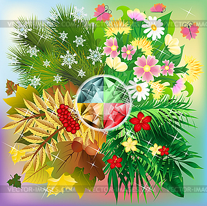 Season vip invitation card with diamond and flowers - color vector clipart