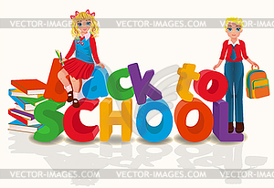 Возвращаемся в школу, мальчик и девочка с книгами. вектор  - векторизованный клипарт