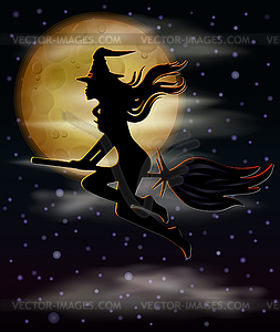 Happy Halloween greeting card. Young witch and moon - vector image