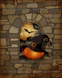 Happy Halloween background with pumpkin in witch hat. v - vector image