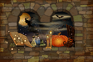 Happy Halloween wallpaper with pumpkin and witch magic  - vector image