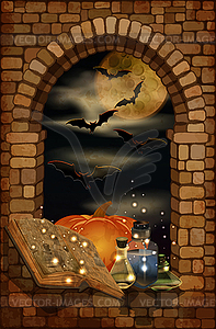 Happy Halloween invitation card with pumpkin and book - vector clipart